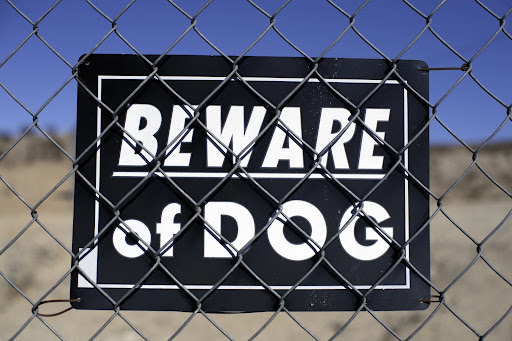 A "Beware of Dog" sign on a chain-link fence, illustrating dog bite cases and liability risks for property visitors.